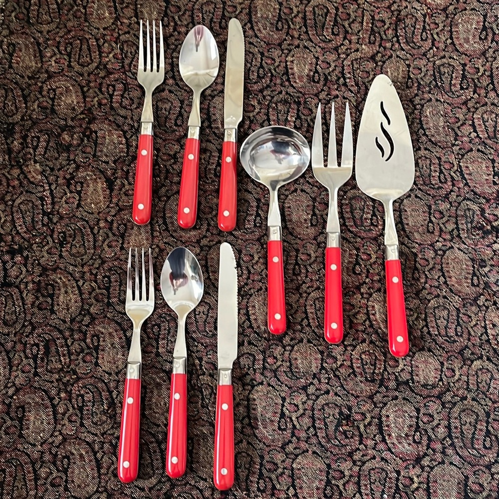 Life Time Stainless Thailand Red Handle Flatware and Server